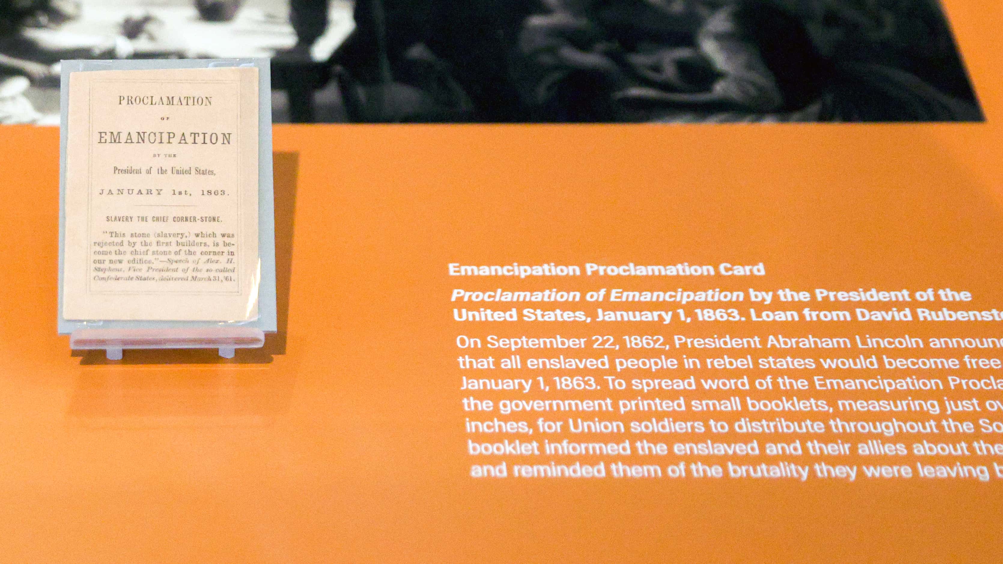 An Emancipation Proclamation Card is on display at the Freedom Matters exhibit. The card was...