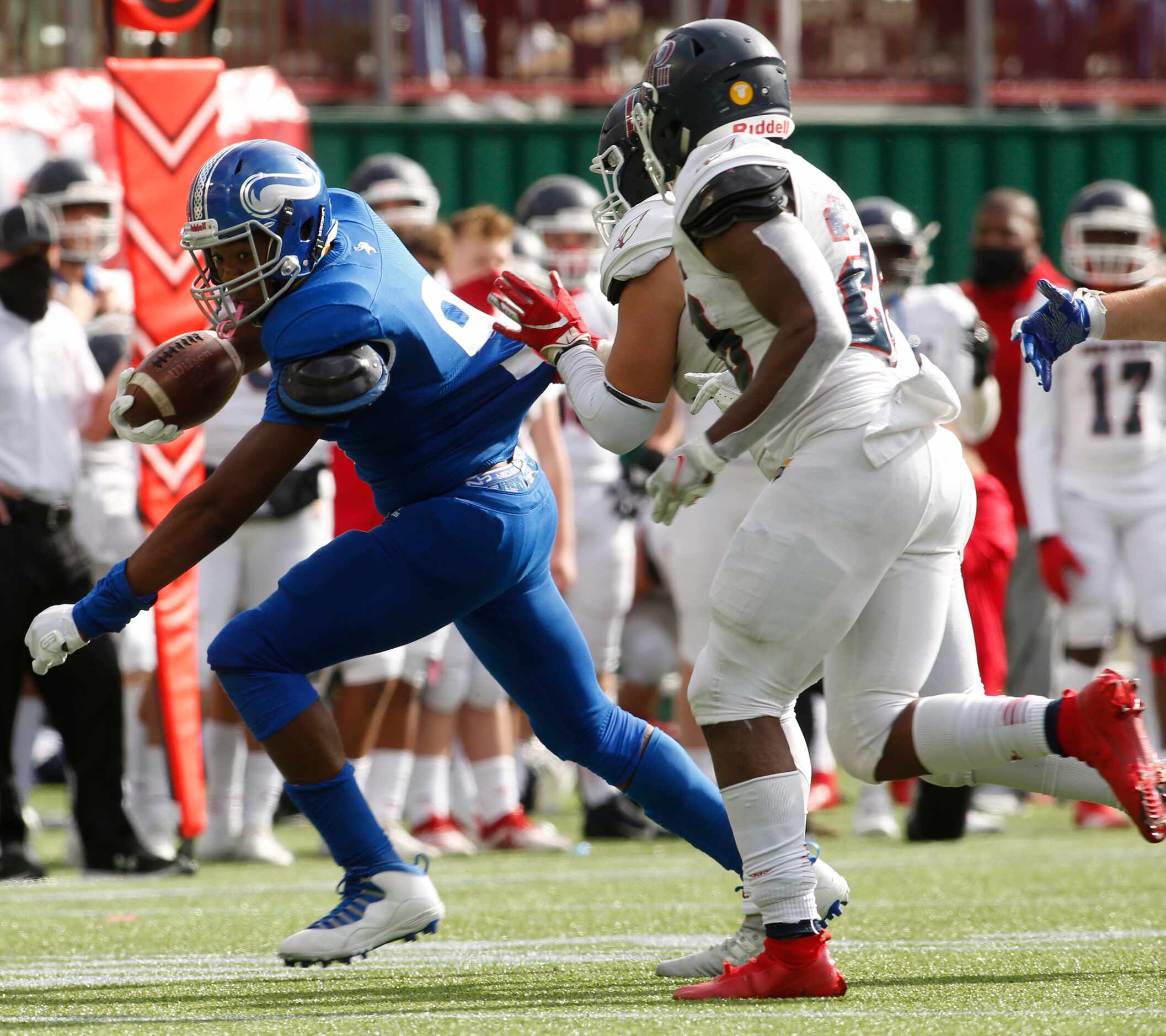 Fort Worth Nolan defensive end Curlee Thomas (9) tacks on yardage after recovering a fumble...