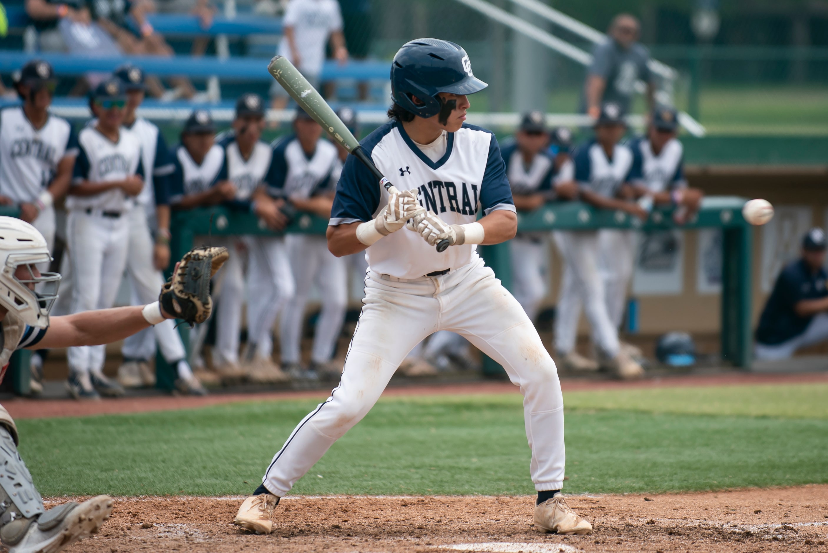 Central Catholic senior Jake Garza (7) watches a pitch during the TAPPS Division I baseball...