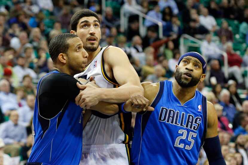 Mar 12, 2014; Salt Lake City, UT, USA; Utah Jazz center Enes Kanter (0) is works for...