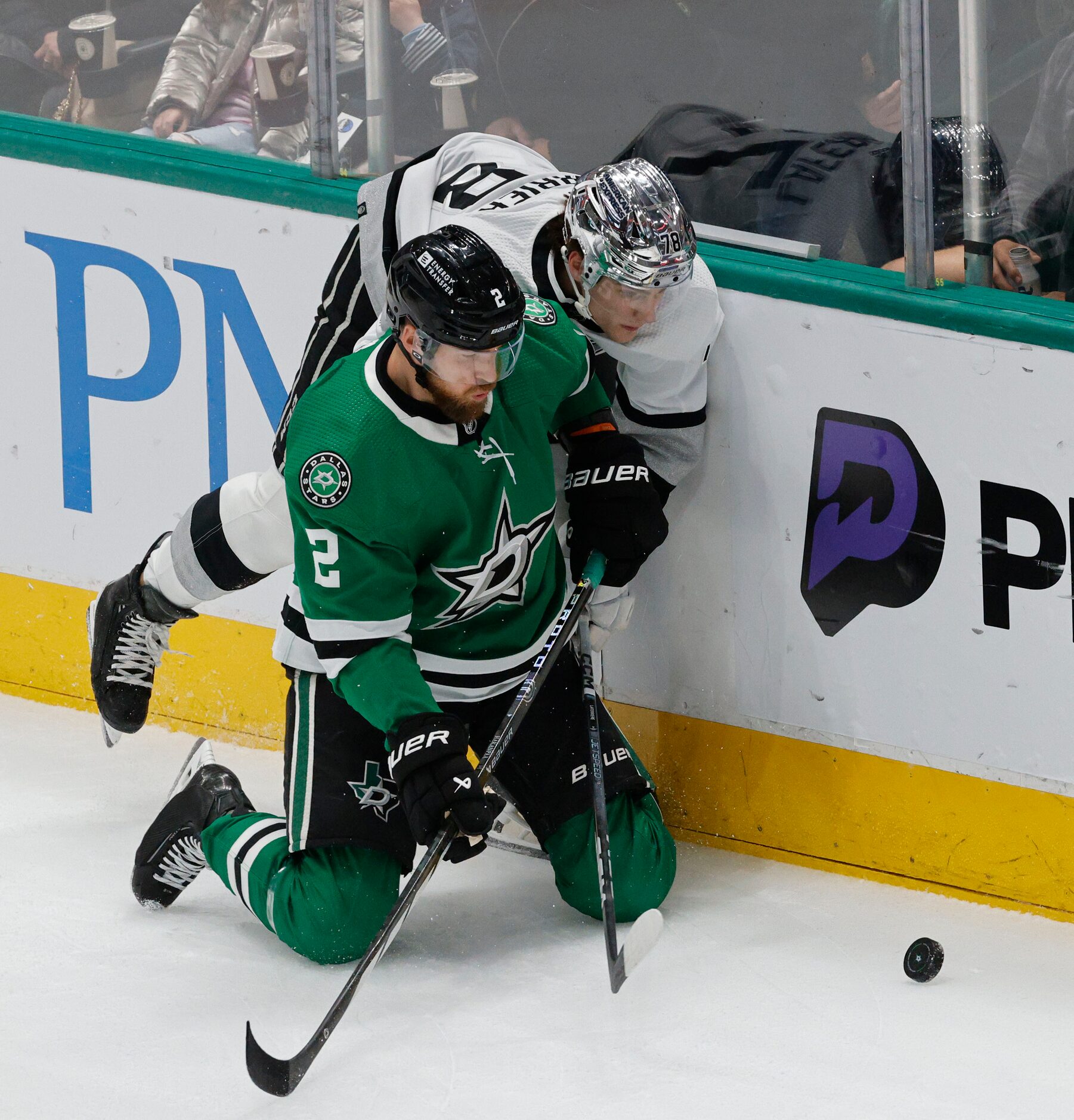 Los Angeles Kings right wing Alex Laferriere (78) and Dallas Stars defenseman Jani Hakanpaa...