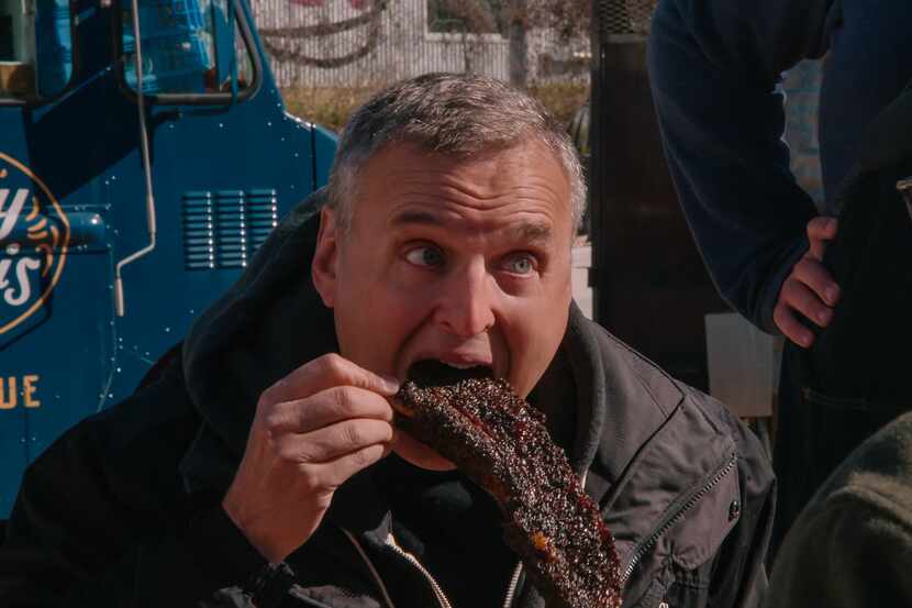 Phil Rosenthal tries the bacon rib at LeRoy and Lewis Barbecue in Austin. He's back in Texas...