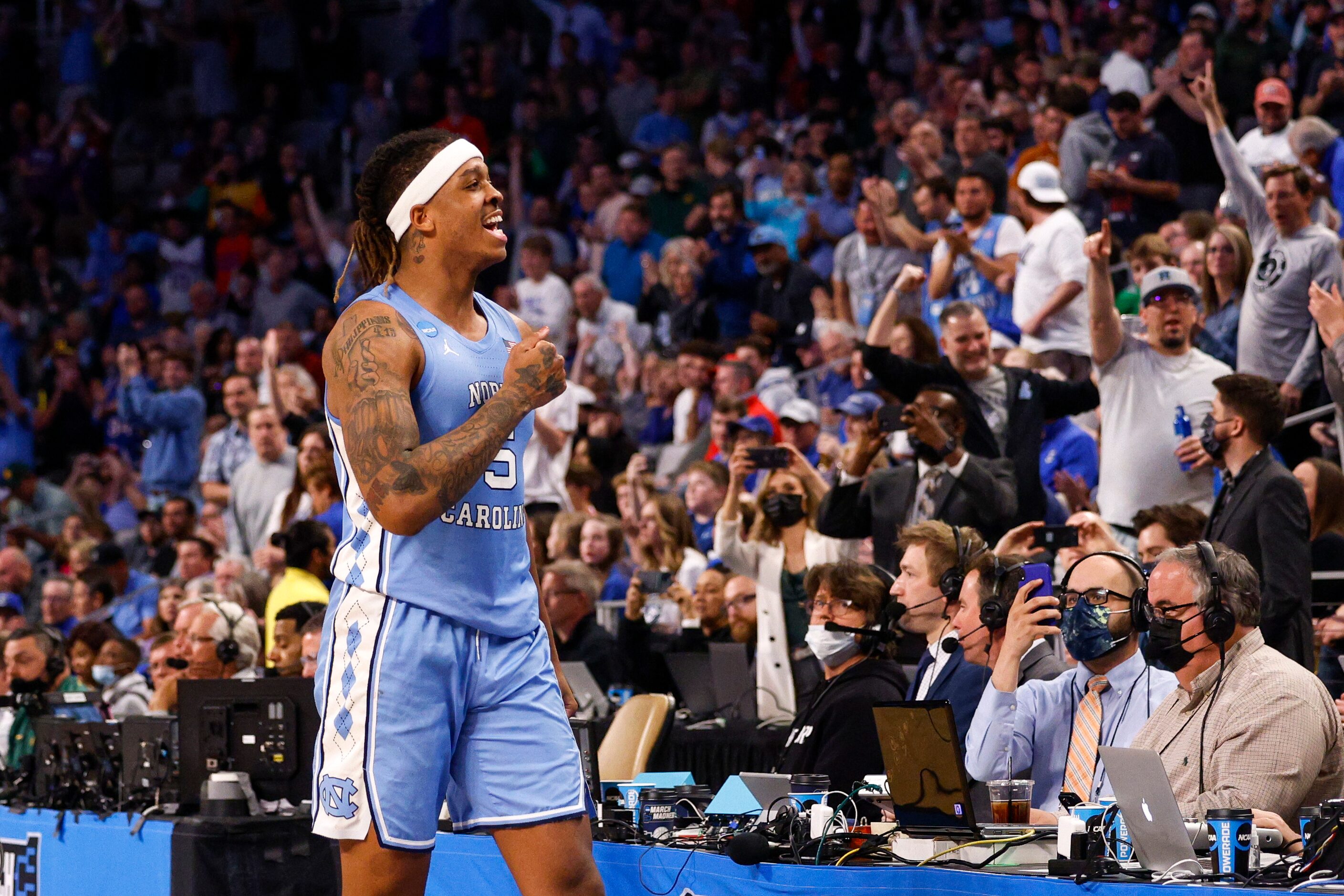 North Carolina Tar Heels forward Armando Bacot (5) celebrates after a second round game of...