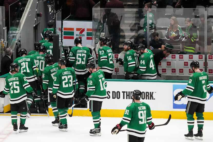 Dallas Stars players leave the ice after a loss to the Vegas Golden Knights in Game 3 of the...
