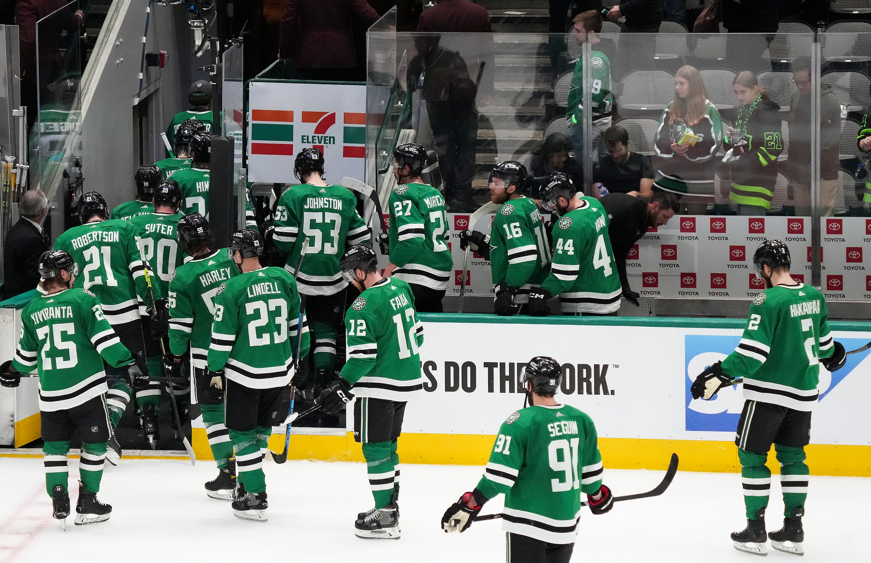 Dallas Stars players leave the ice after a loss to the Vegas Golden Knights in Game 3 of the...