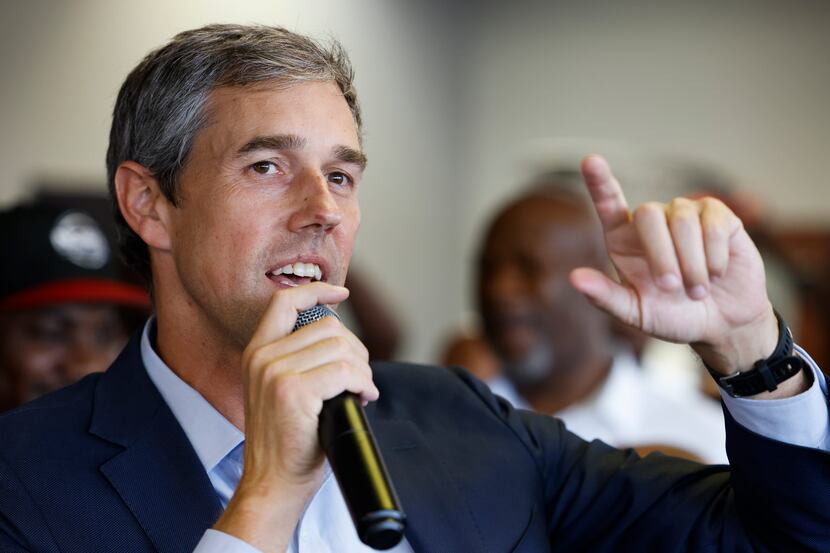 Texas governor candidate Beto O'Rourke spoke to patrons at Kutinfed Barbershop in Dallas on...