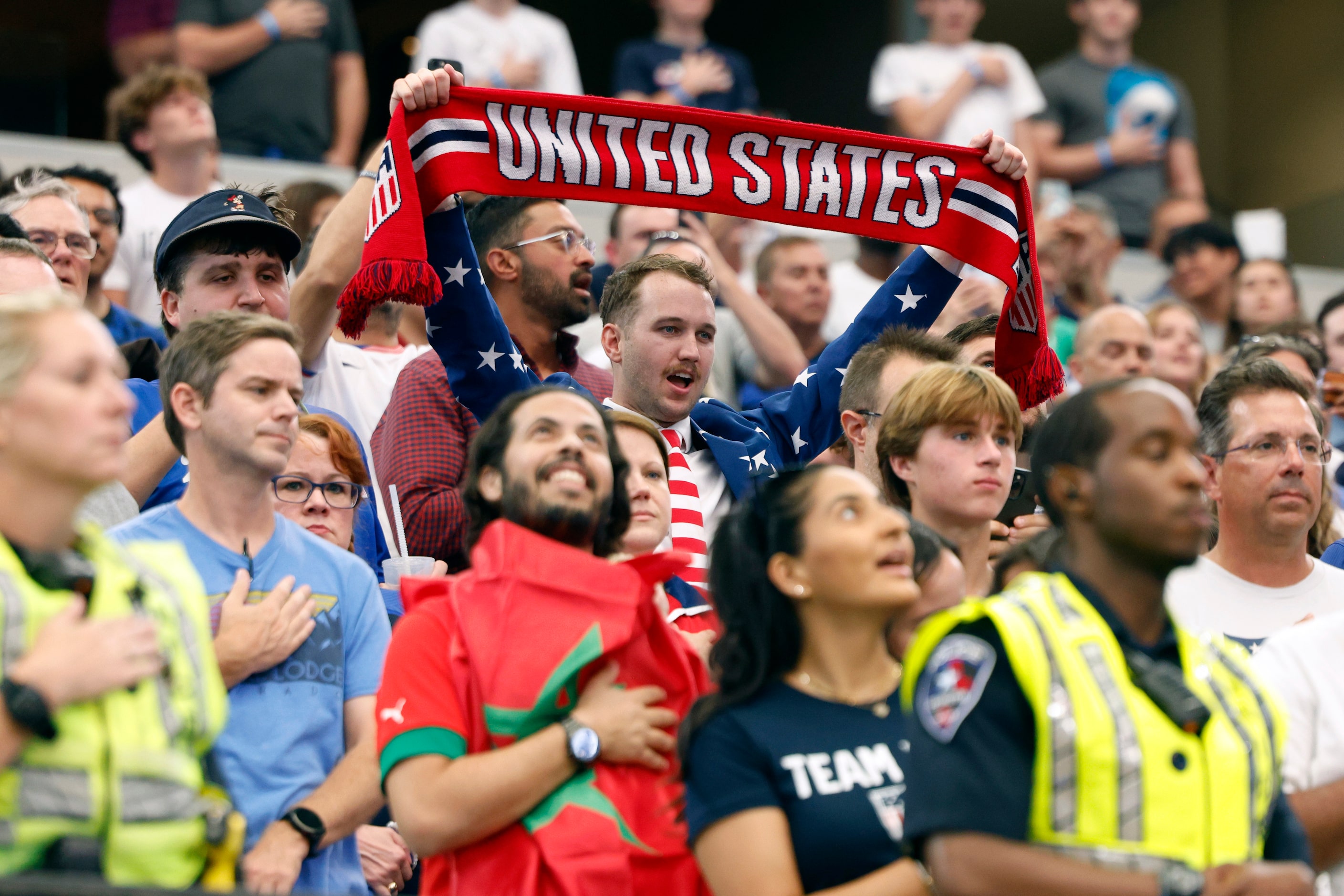 A United States soccer fan holds a scar during the first half of a Copa America Group C...