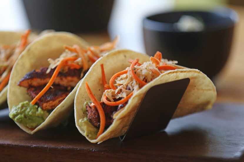 The organic salmon tacos at Righteous Foods