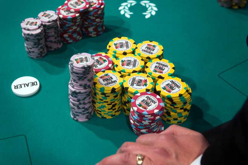 A stack of World Series of Poker Main Event chips at the Rio All Suite Hotel and Casino in...