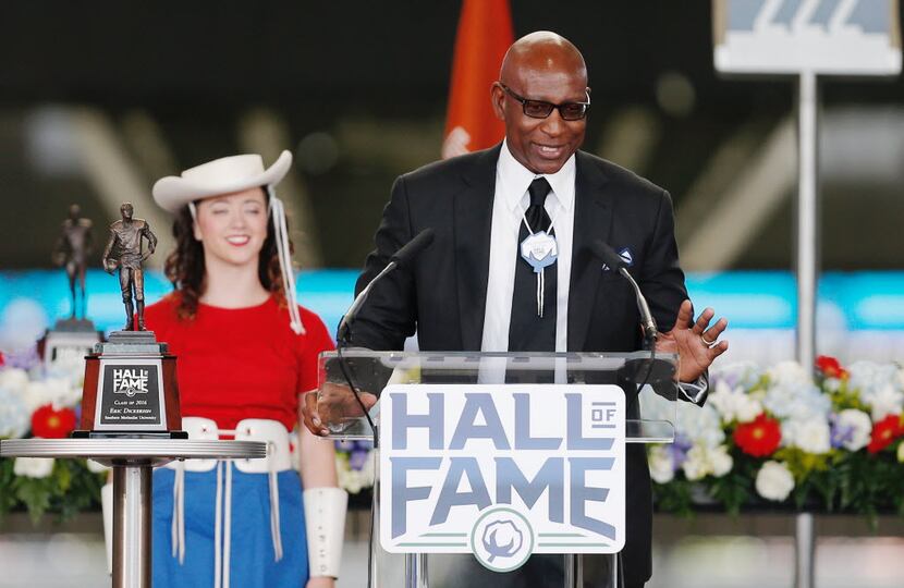 Former SMU football great Eric Dickerson was inducted into the Cotton Bowl Hall of Fame in...