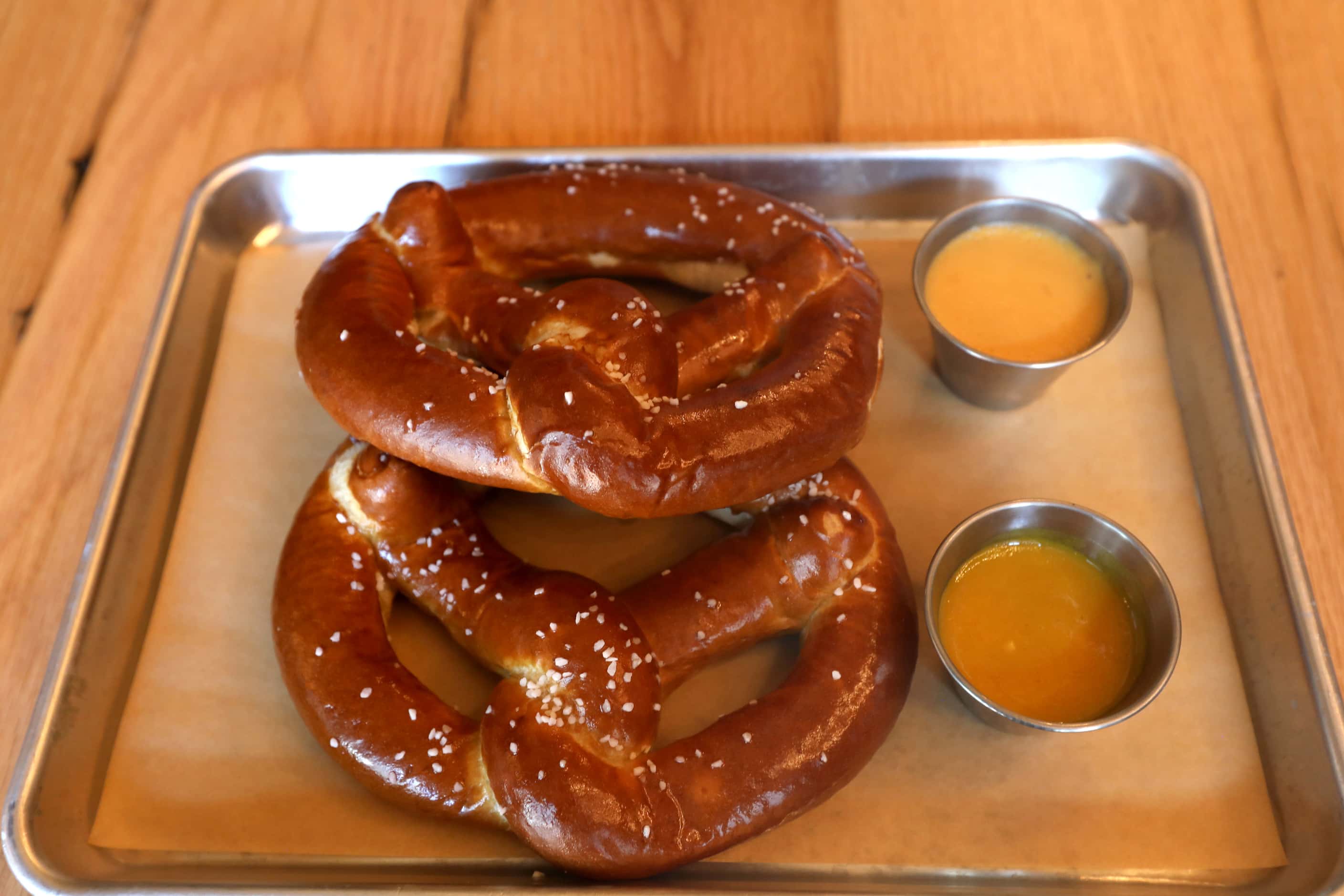 Milwaukee pretzels served with beer cheese and jalapeño mustard at Armor Brewing Company in...