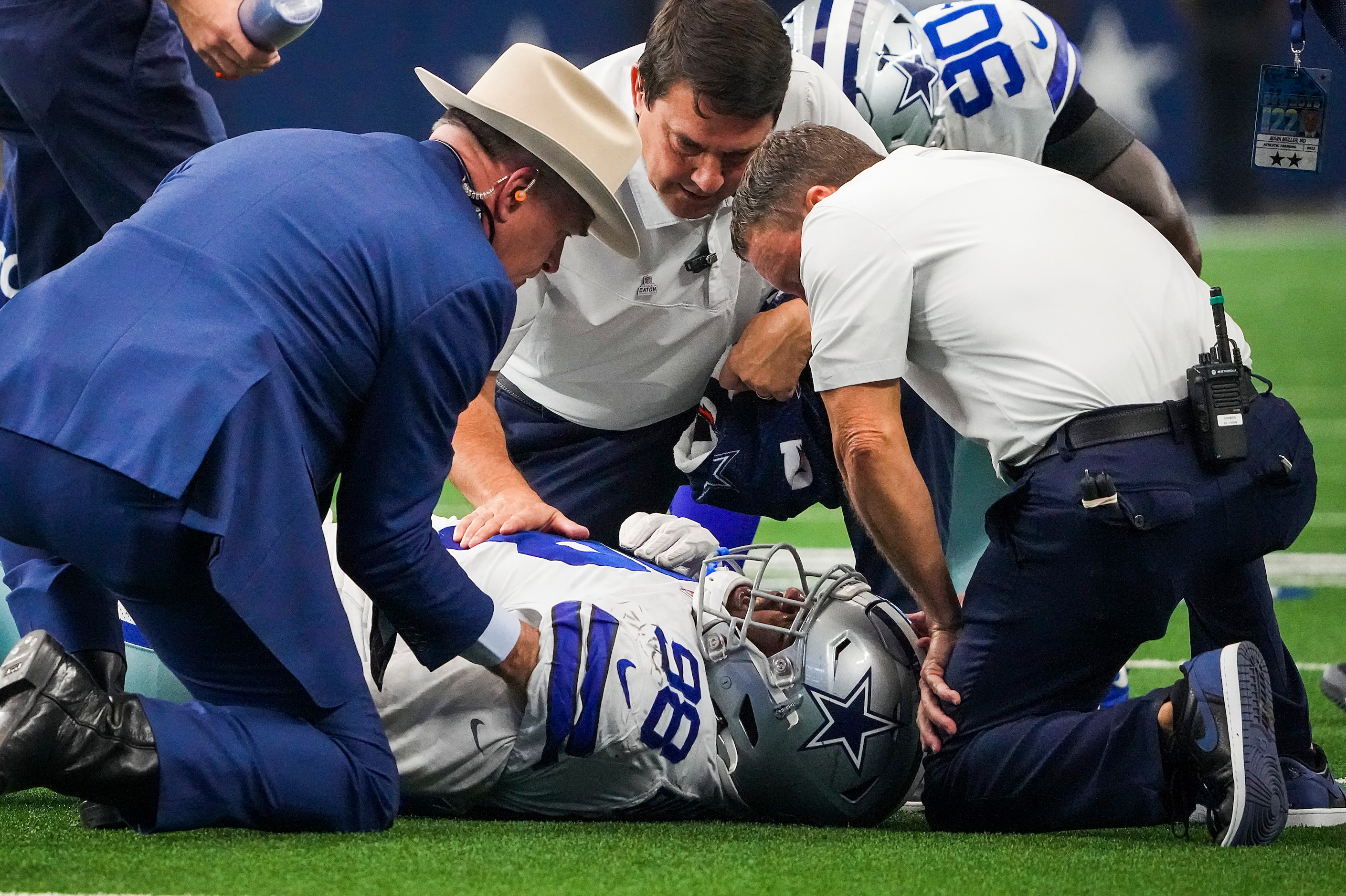 Dallas Cowboys defensive tackle Quinton Bohanna receives attention after being injured...