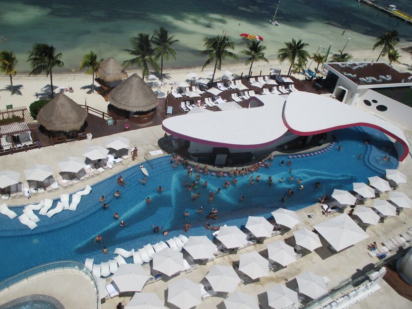 The floor of the Sexy Pool at Temptation Cancún Resort is painted with the image of a woman. 