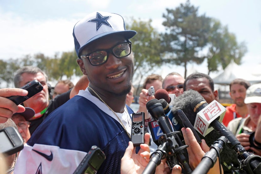 Linebacker Rolando McClain talks to the media after the special teams practice at Dallas...