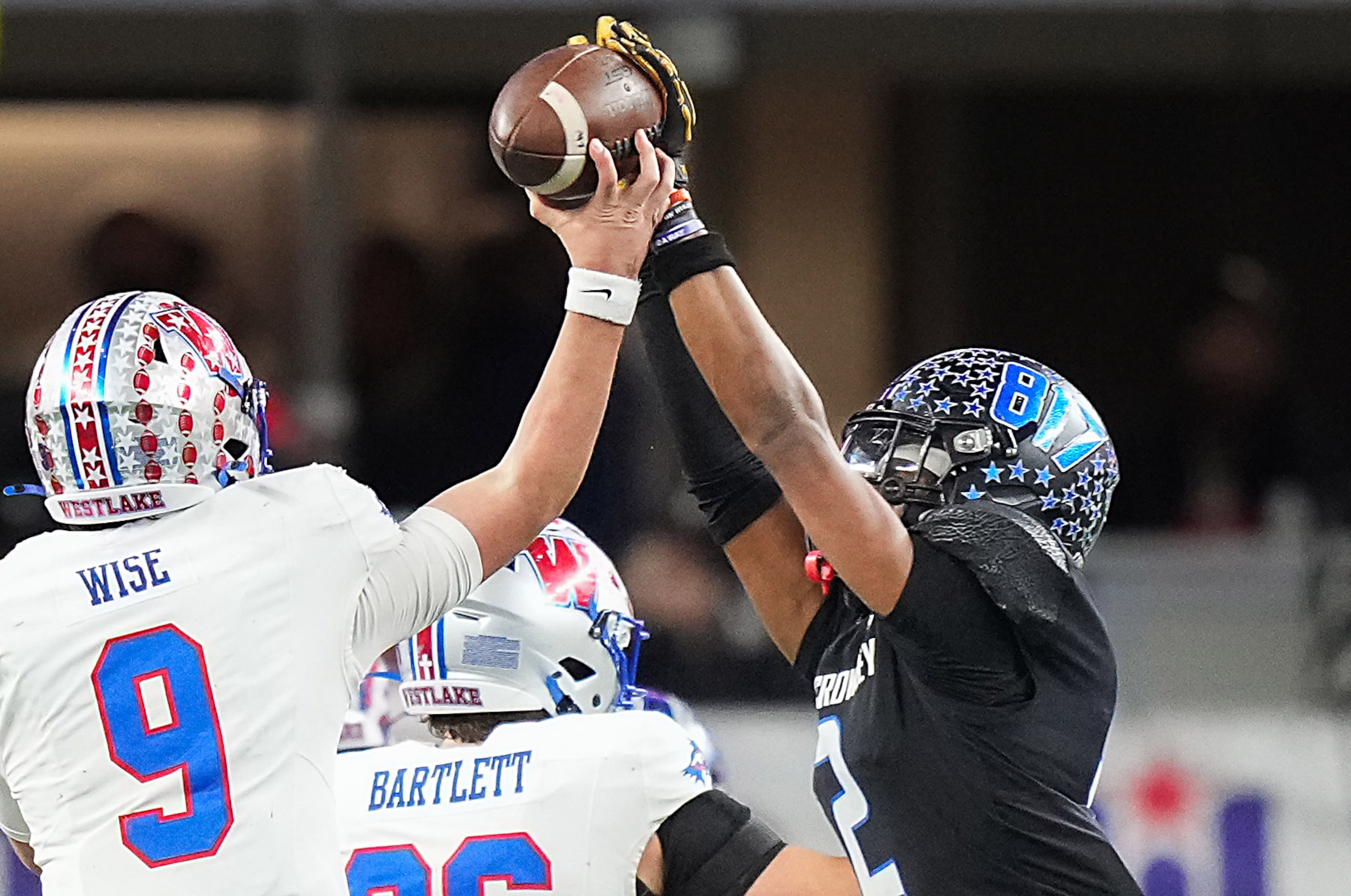 North Crowley linebacker Jonathan Cunningham (2) knocks down a pass by Austin Westlake...