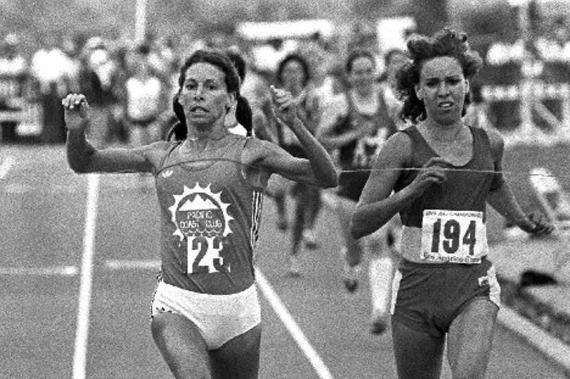 ORG XMIT: S0332388107_WIRE FILE-- Francie Larrieu, left, outsprints Mary Decker to the tape...