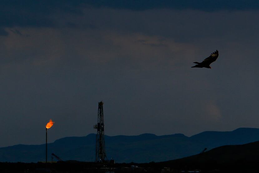A vulture soars over an Apache Corp. flare and drilling rig north of the Davis Mountains in...