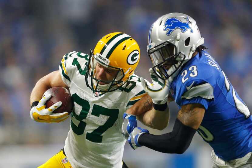 Green Bay Packers wide receiver Jordy Nelson (87) is stopped by Detroit Lions cornerback...