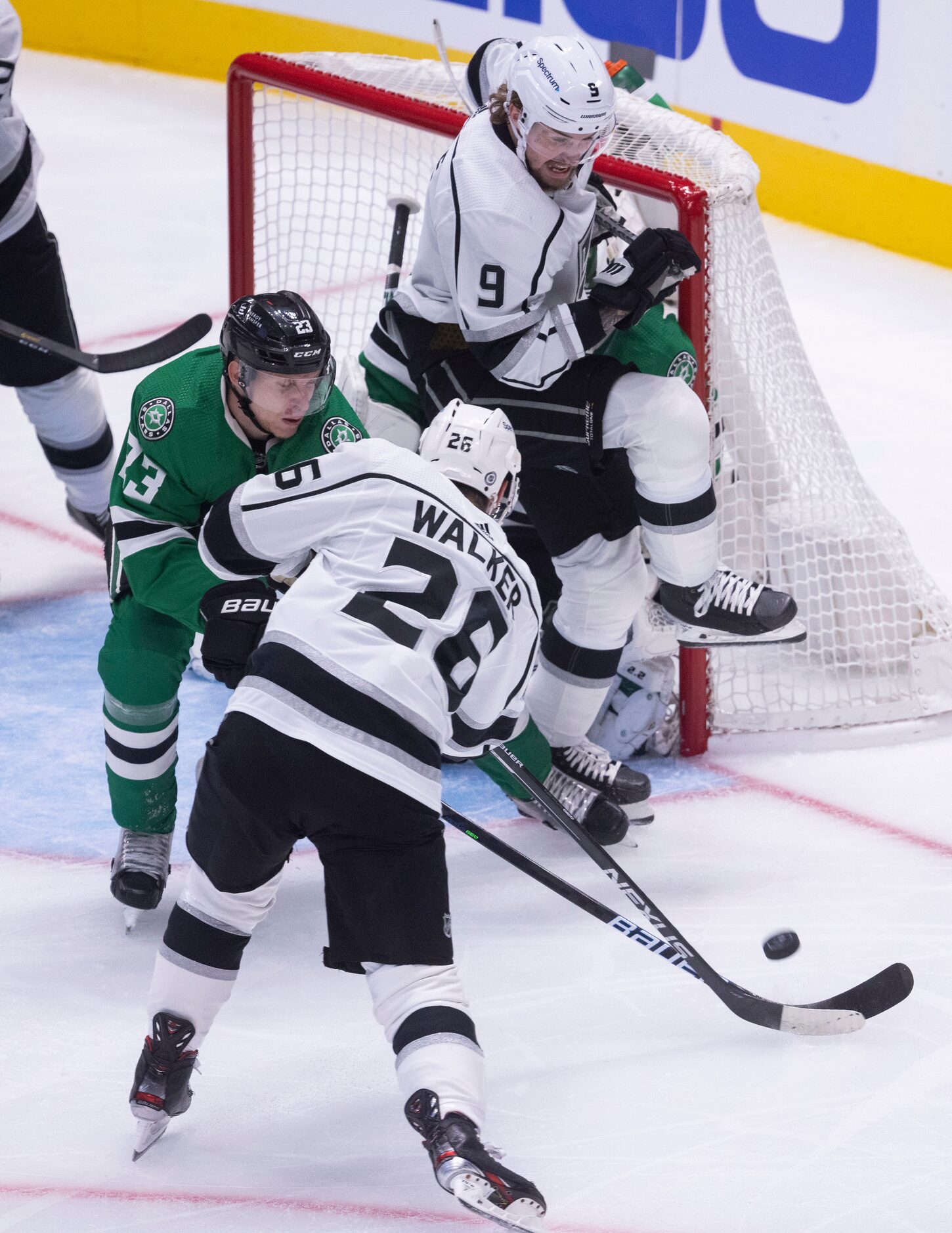 Los Angeles Kings defenseman Sean Walker (26) shot is blocked during the first period of a...