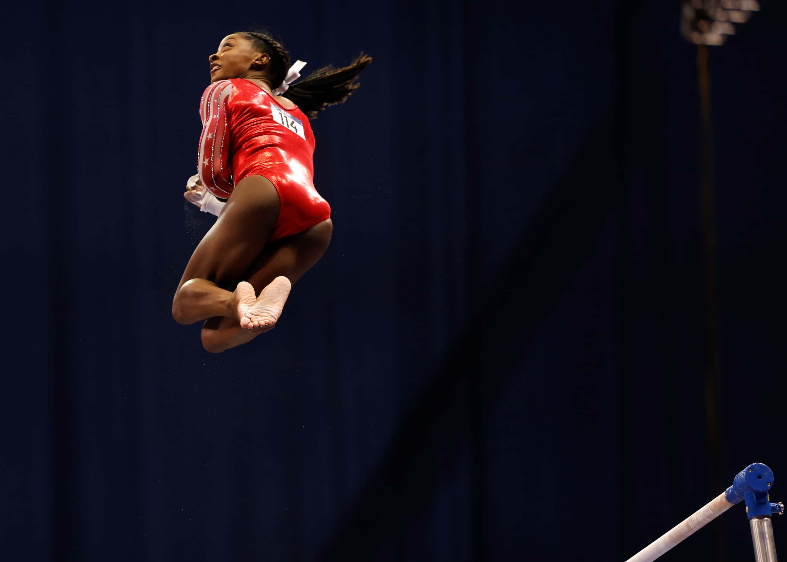 Simone Biles competes on the uneven bars during day 2 of the women's 2021 U.S. Olympic...