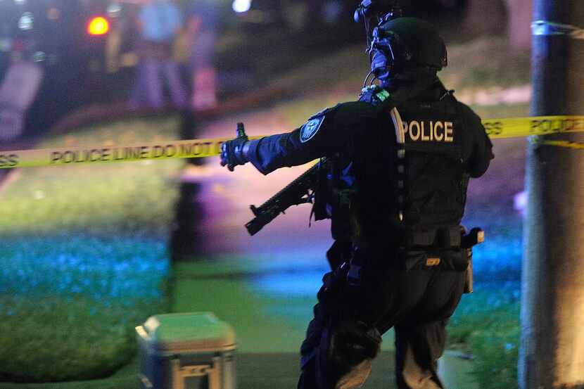 A Fort Worth Police SWAT member in the Wedgwood neighborhood of Fort Worth, Texas, on...