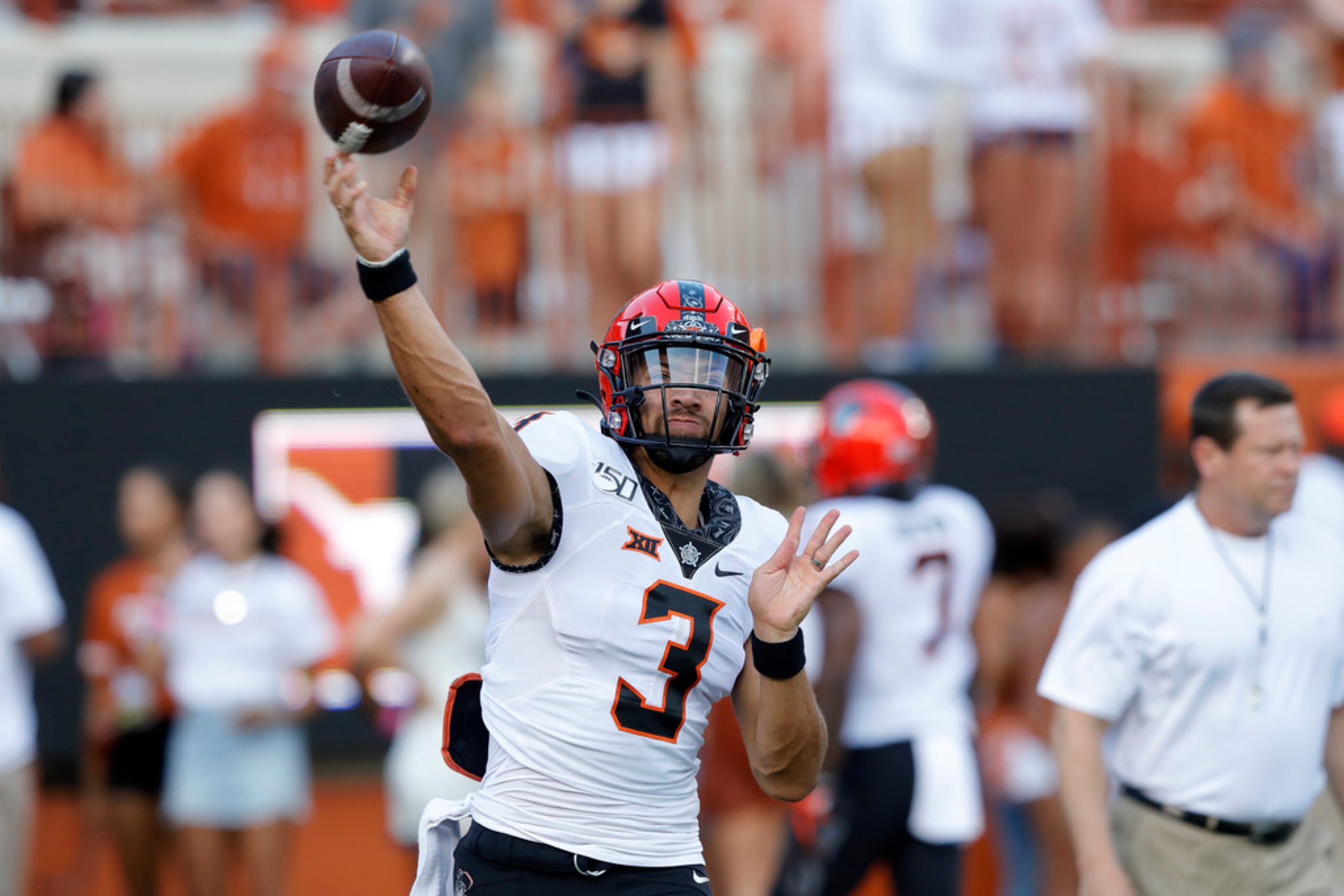 AUSTIN, TX - SEPTEMBER 21:  Spencer Sanders #3 of the Oklahoma State Cowboys throws a pass...