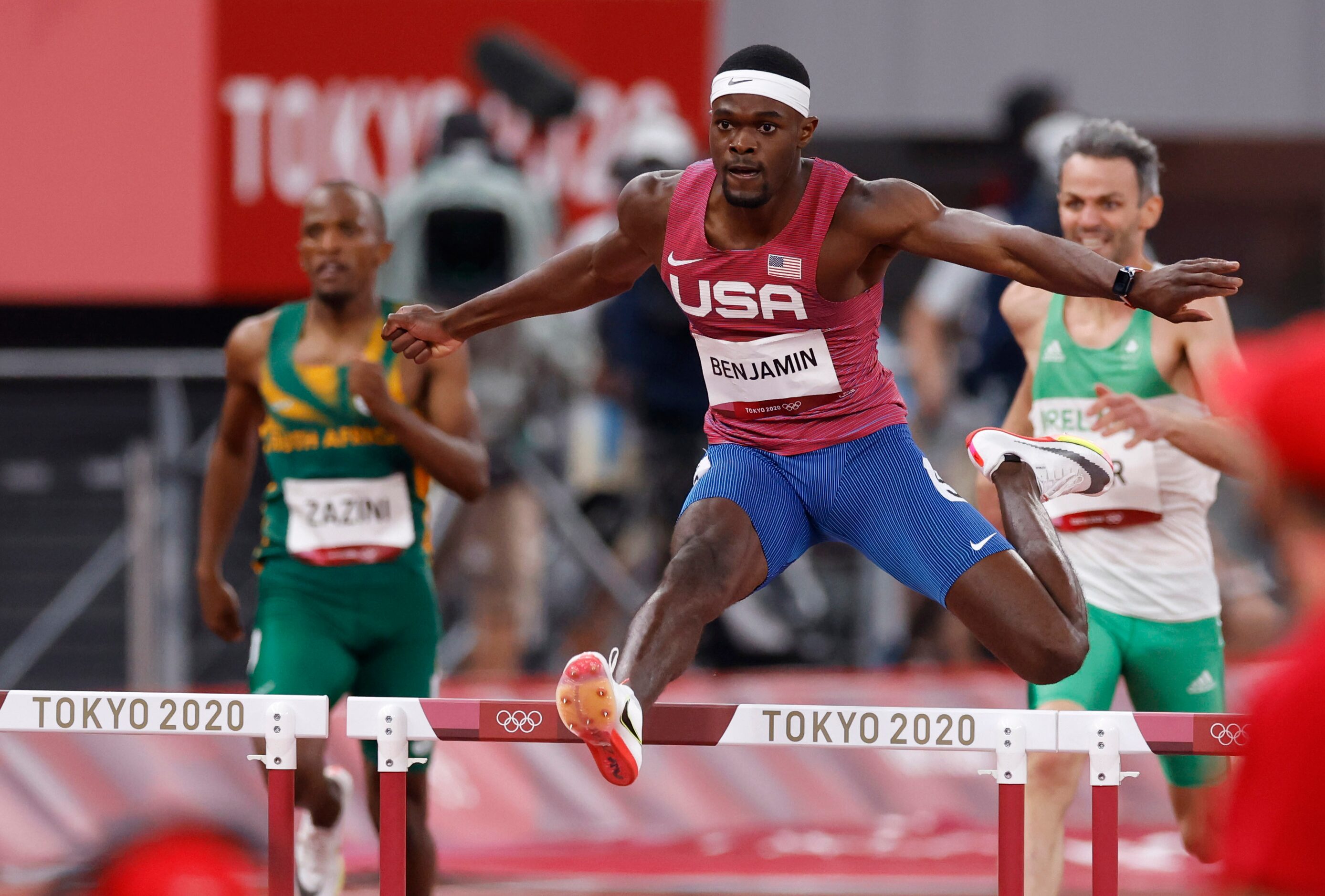 USA’s Rai Benjamin runs in the 400 meter hurdles semifinal 
during the postponed 2020 Tokyo...