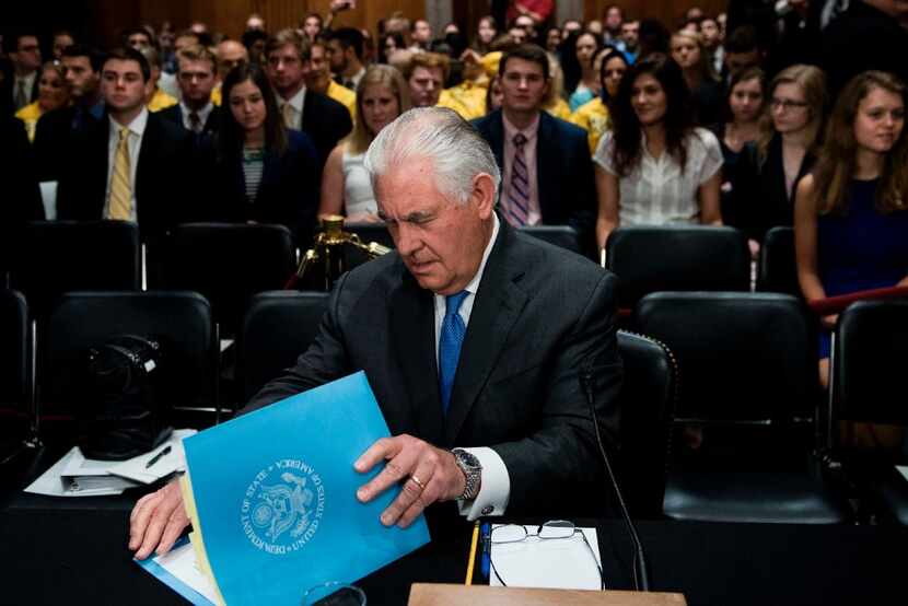 US Secretary of State Rex Tillerson looks for his opening statement before a hearing of the...