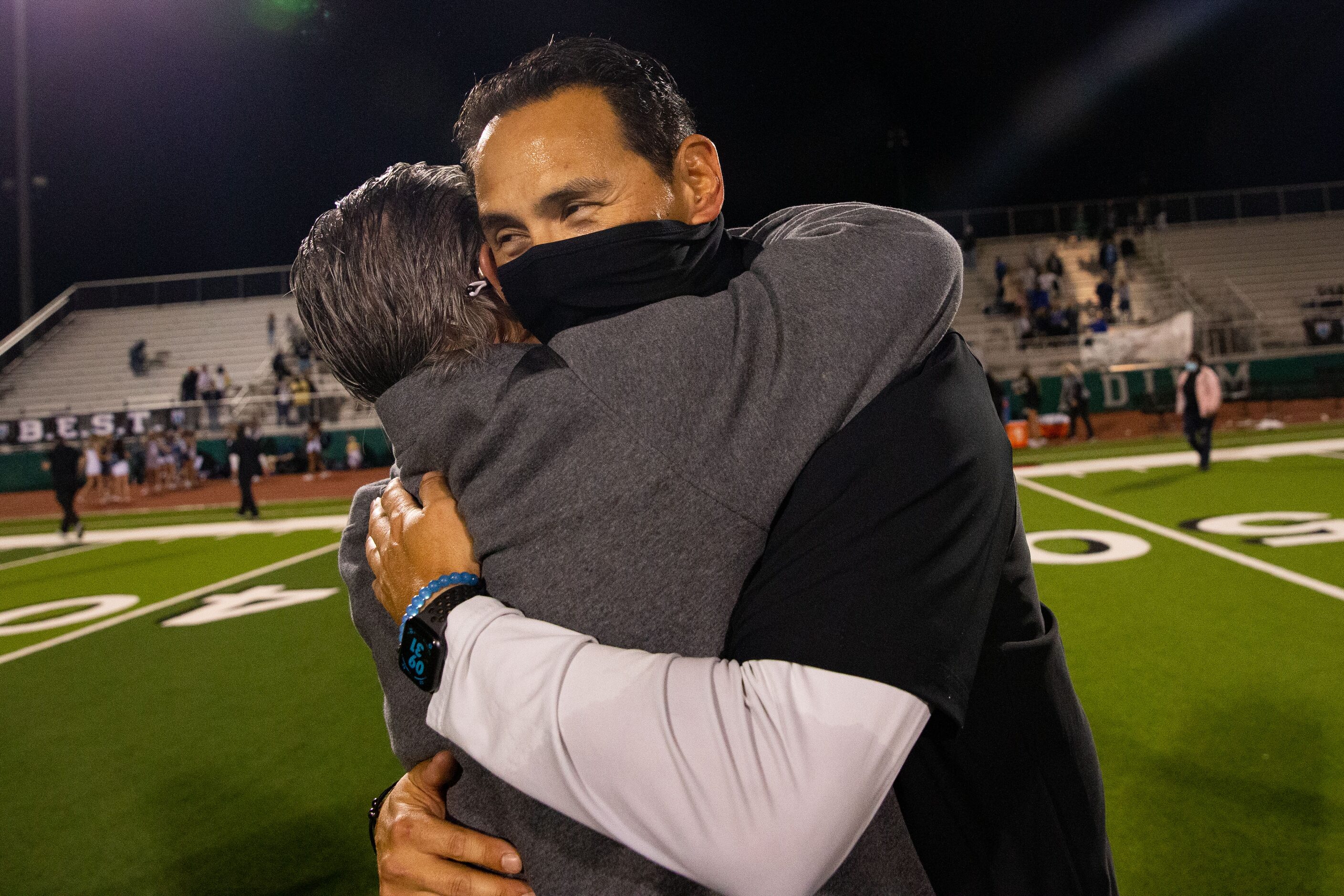 Prosper Rock Hill head coach Mark Humble celebrates his team’s win over Lake Dallas...