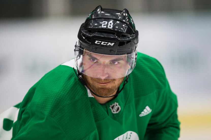 Stephen Johns participates in a drill during Dallas Stars prospect camp on Tuesday, June 25,...