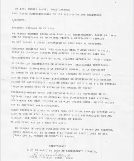 Esta es la carta que María Consuelo Loera Pérez, madre de Joaquín "El Chapo" Guzmán, envió...