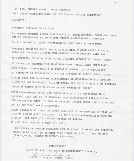 Esta es la carta que María Consuelo Loera Pérez, madre de Joaquín "El Chapo" Guzmán, envió...