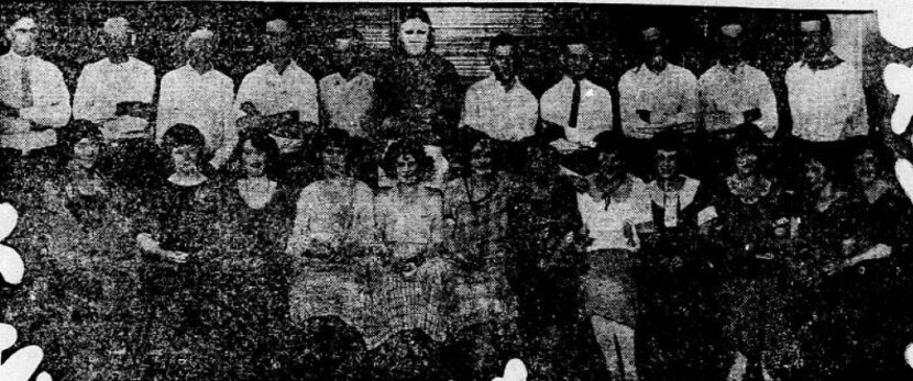 A group of dancers assembled for a dance marathon. In the middle back row is the “Masked...