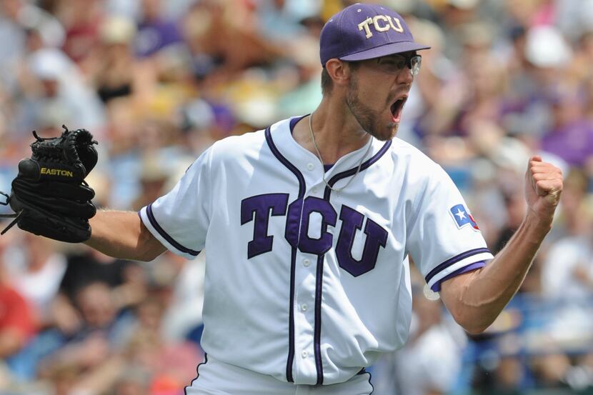 TCU pitcher Matt Purke celebrates the third out of the seventh inning against Florida State...