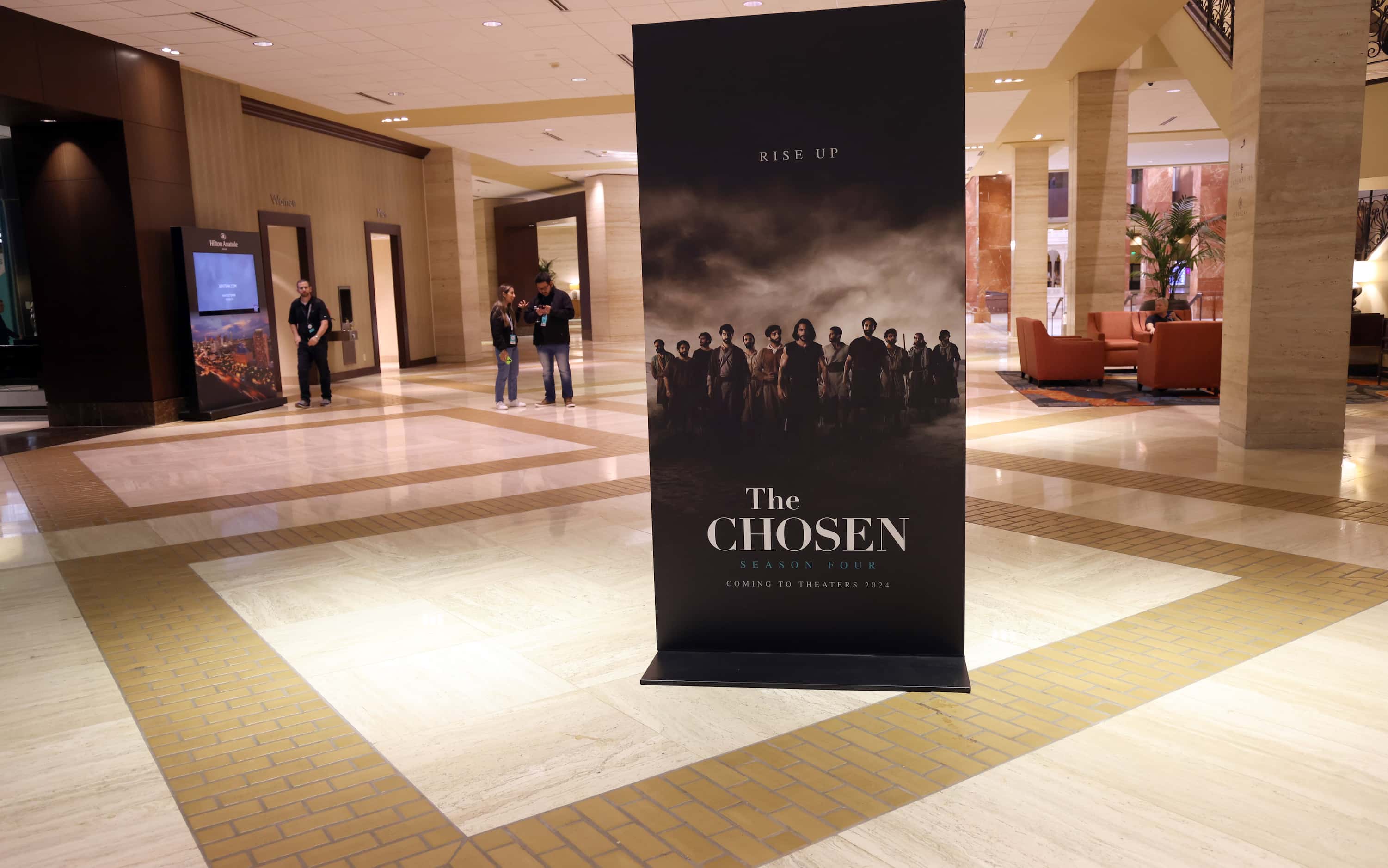 A reminder of the upcoming Season Four of "The Chosen" greets visitors in the foyer of the...