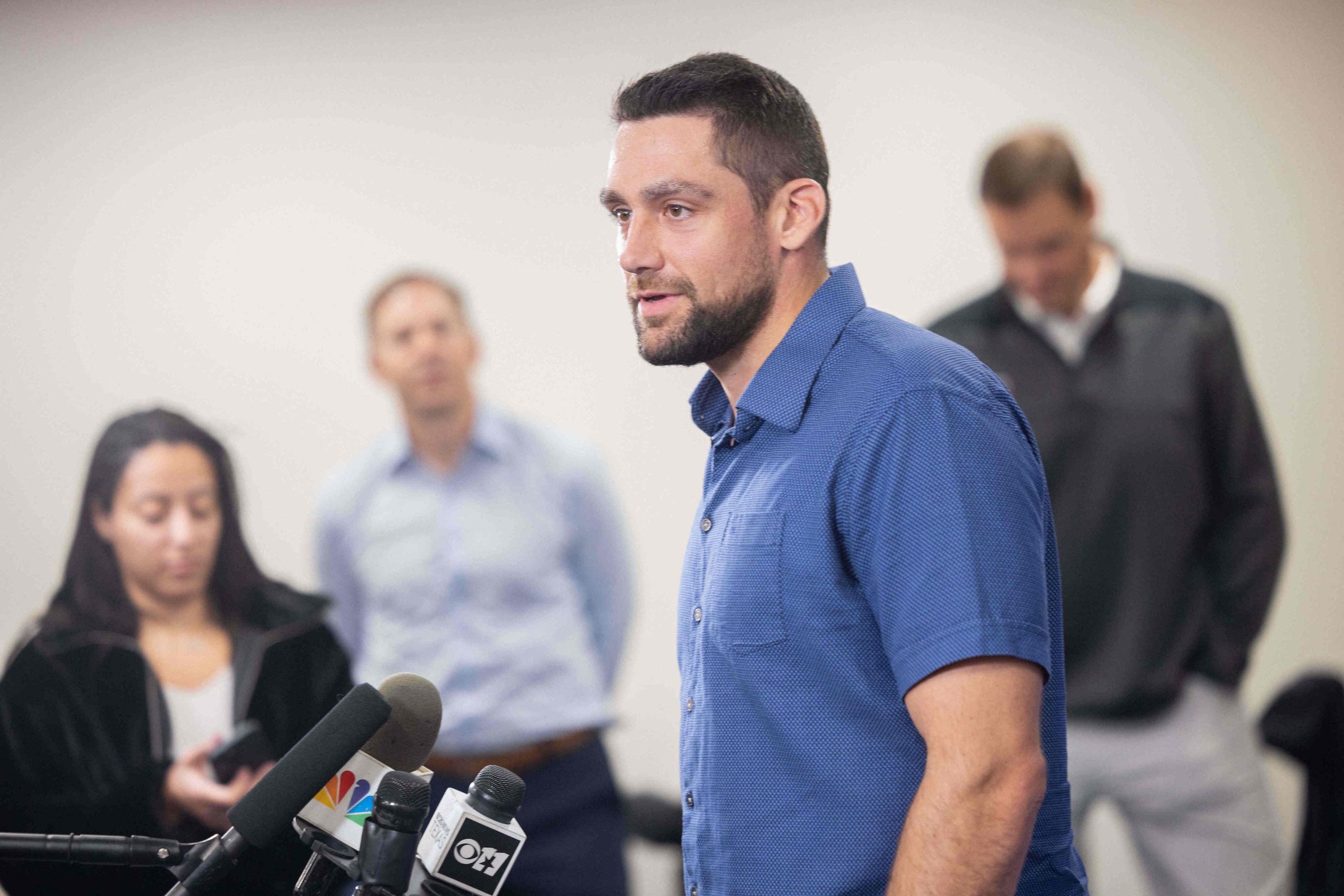 Texas Rangers starting pitcher Nathan Eovaldi speaks during a press conference announcing...