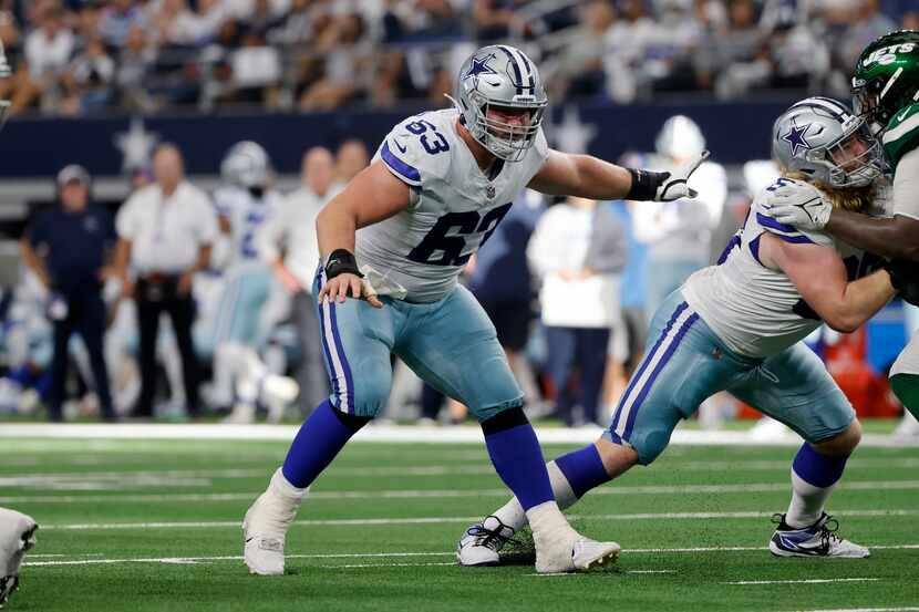 Dallas Cowboys center Tyler Biadasz (63) prepares to block during an NFL Football game in...