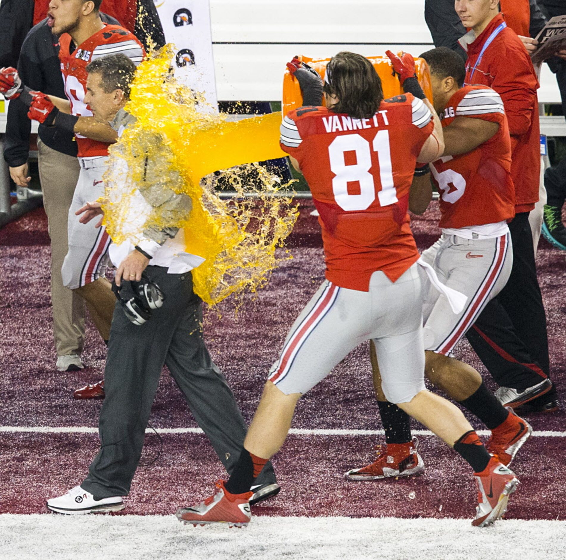 Ohio State Buckeyes head coach Urban Meyer can't escape a Gatorade bath from tight end Nick...