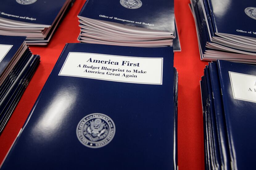 Copies of President Donald Trump's first budget are displayed at the Government Printing...