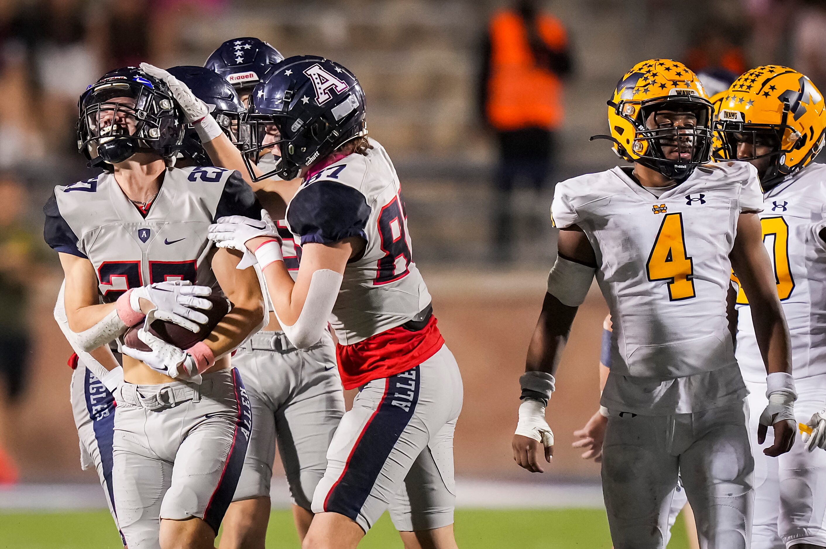 Allen defensive back Emery Lasseter (27) celebrates after recovering an onside kick during...