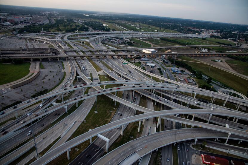 Highway lanes for the split between I-30 and I-35E are seen in the Mixmaster area where the...