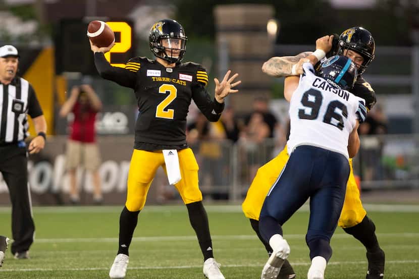 Hamilton Tiger-Cats quarterback Johnny Manziel (2) throws against the Toronto Argonauts...