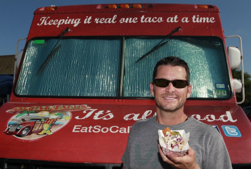 Scott Wooley, with the San Diego Classic: Panko Battered Fish Taco, in front of his So-Cal...