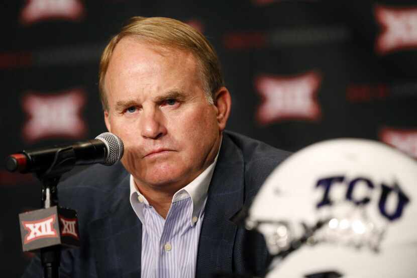 TCU head football coach Gary Patterson listens to a question from  the media assembled for...