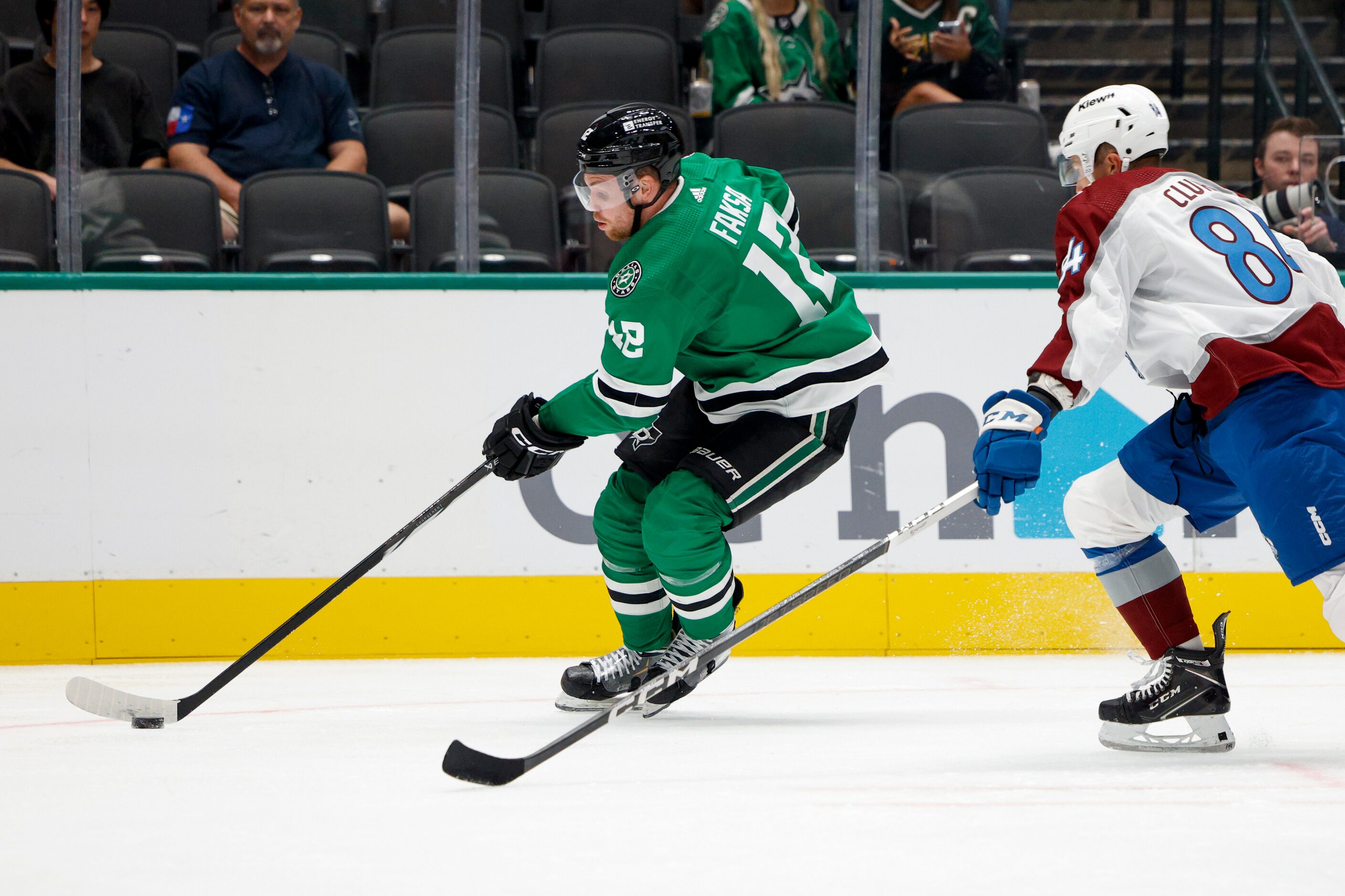 Dallas Stars center Radek Faksa (12) skates away from Colorado Avalanche defenseman Nate...