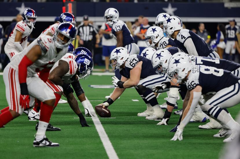 Dallas Cowboys center Tyler Biadasz (63) on the line of scrimmage against the New York...
