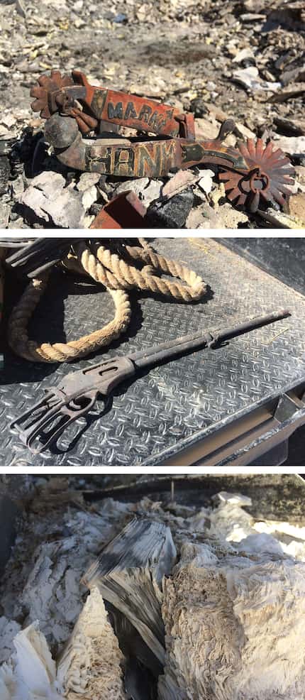 After the fire: John Erickson's custom "Hank" spurs, the metal parts of a rifle, and...