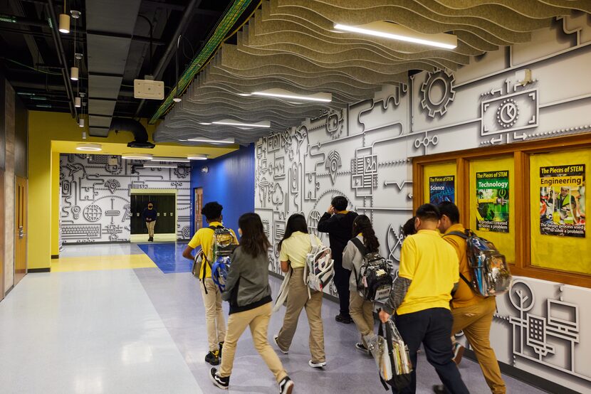 Students walk down the halls at the renovated West Dallas STEM School, previously Pinkston...