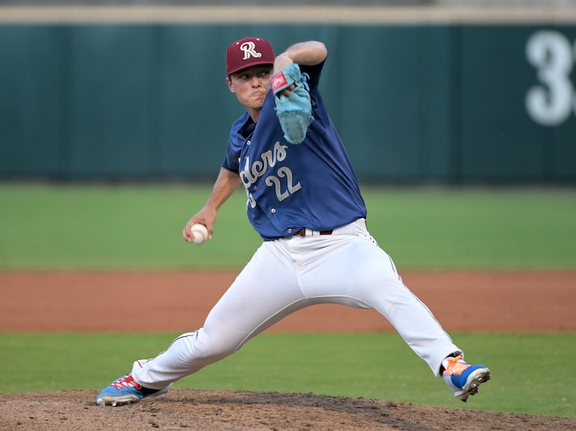 Frisco RoughRiders pitcher Jack Leiter (22) pitches during a minor league baseball game...