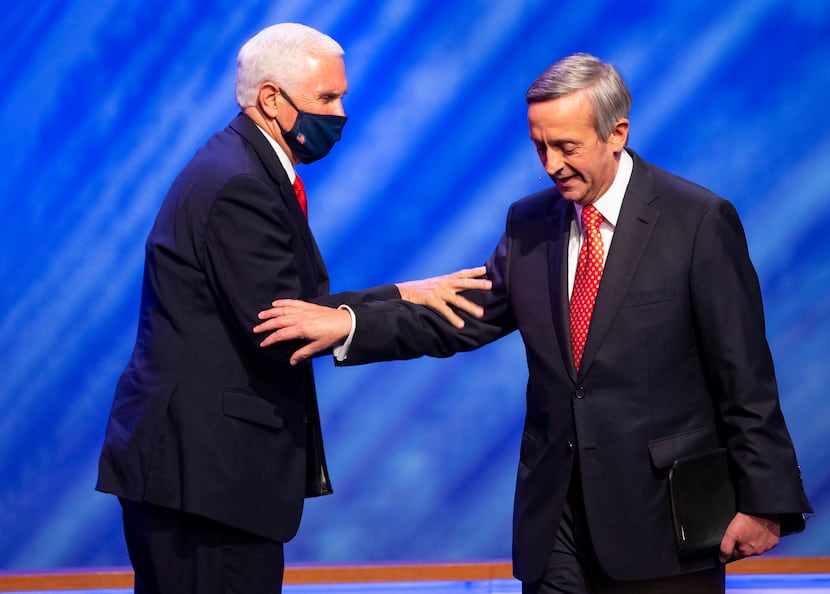 Pastor Robert Jeffress introduces Vice President Mike Pence before speaking at First Baptist...